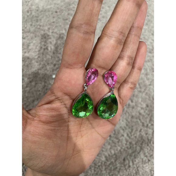 Pink& green earring pink Green crystal green teardrop peridot long green earring - Picture 8 of 10